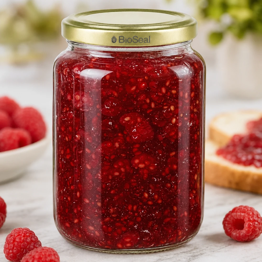 1000g Honigglas mit goldenem Deckel BioSeal UNiTWIST 1000g Honigglas befüllt mit roter Himbeermarmelade zeigt praktische Verwendung für Einmachen und Aufbewahrung