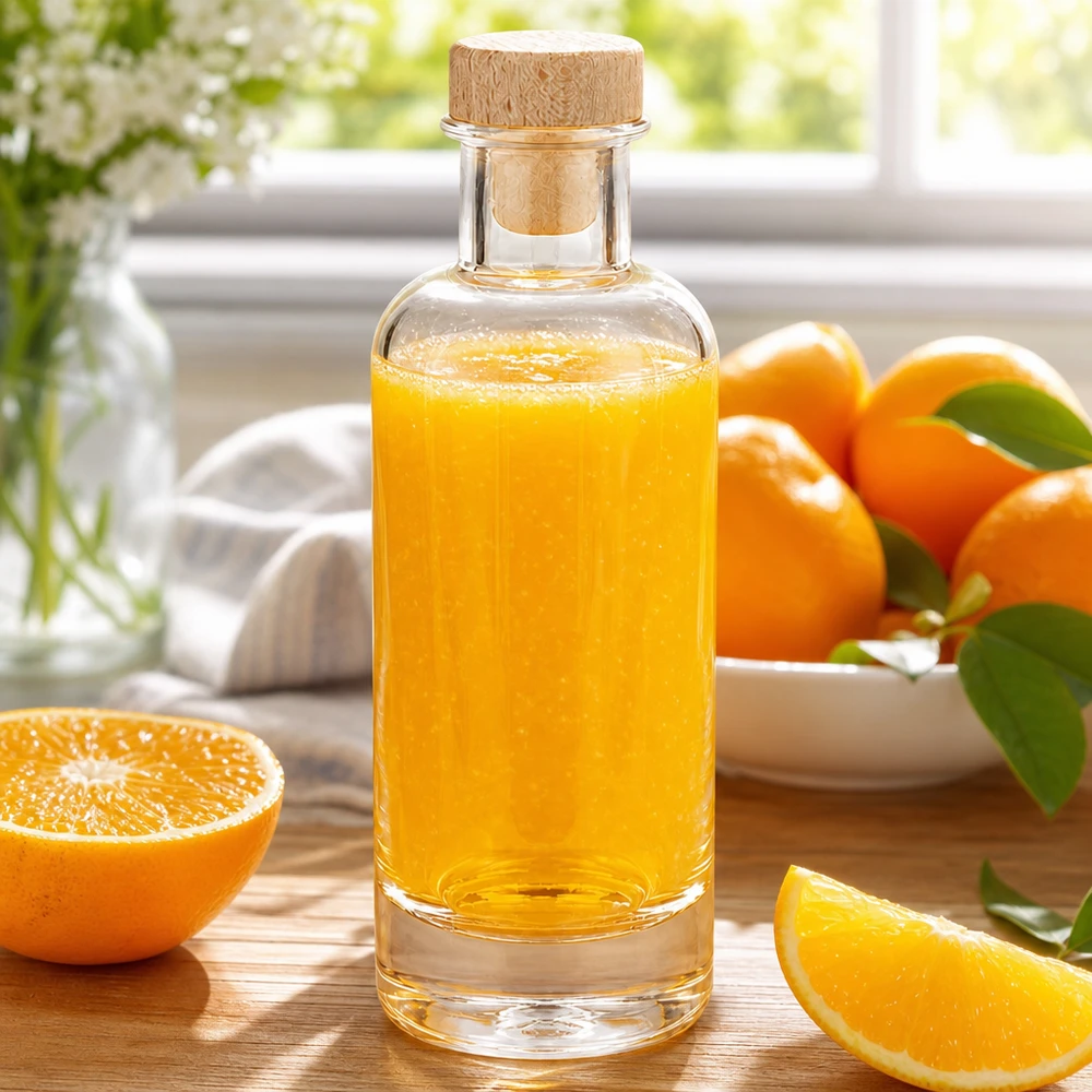 200ml Glasflasche "Ella" mit Holzgriff-Korken UNiTWIST 200ml Glasflasche Ella mit Holzkorken gefüllt mit Orangensaft neben aufgeschnittenen Orangen auf Holzbrett