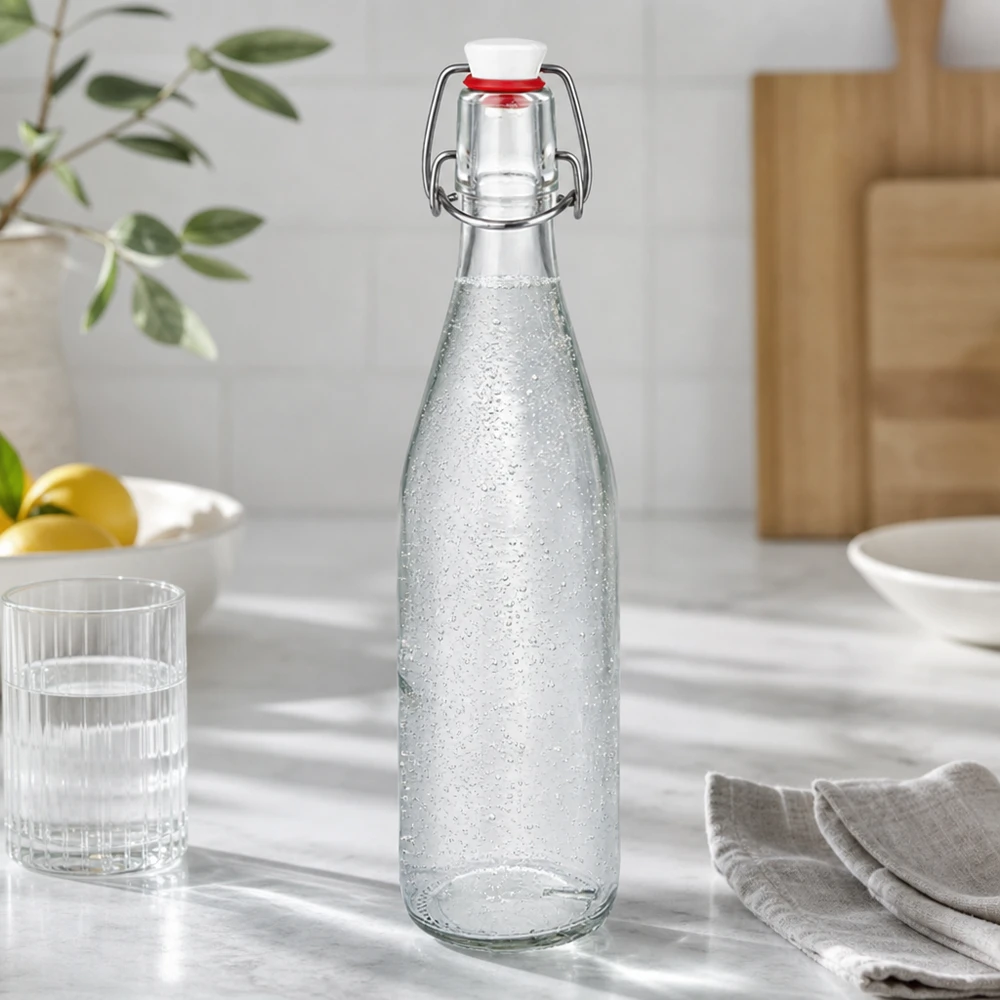 500ml Glasflasche mit Bügelverschluss gefüllt mit Sprudelwasser in moderner Küche neben Glas und Besteck
