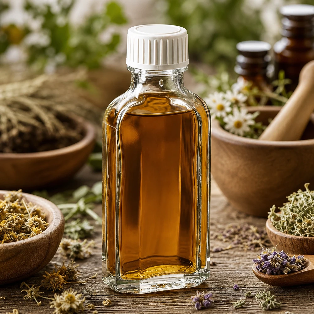 50 ml Meplat klar Schraubverschluss mit PE-Schaumeinlage Meplat Flasche 50ml mit bernsteinfarbenem Inhalt auf rustikalem Holztisch mit Kräuterdeko