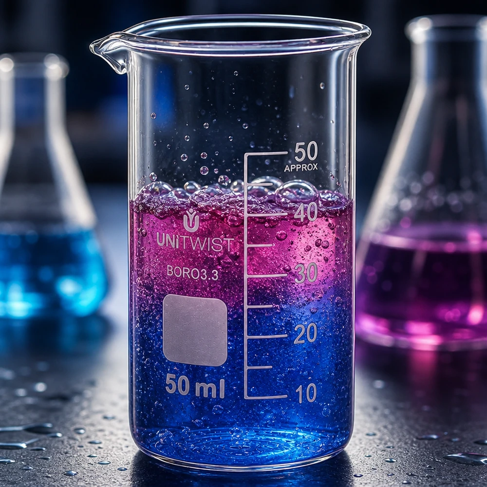 UNITWIST Borosilikat Becherglas 50ml hohe Form mit zweifarbiger Flüssigkeit und Ausguss