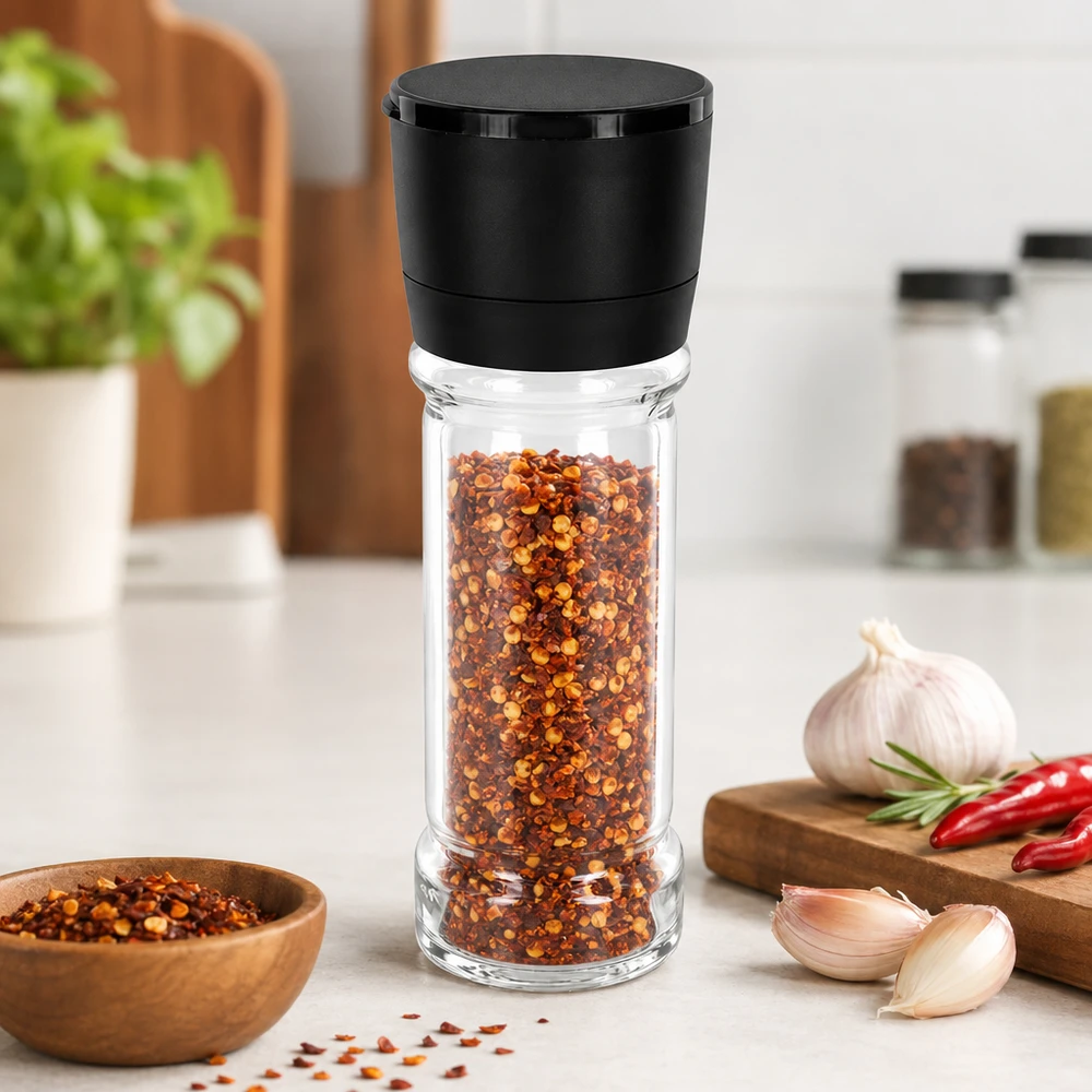Salz-/Gewürzglas 100ml mit Mühle Vario schwarz Kompakte Salzmühle Vario 100ml mit schwarzem Mahlkopf und zylindrischem Klarglasbehälter