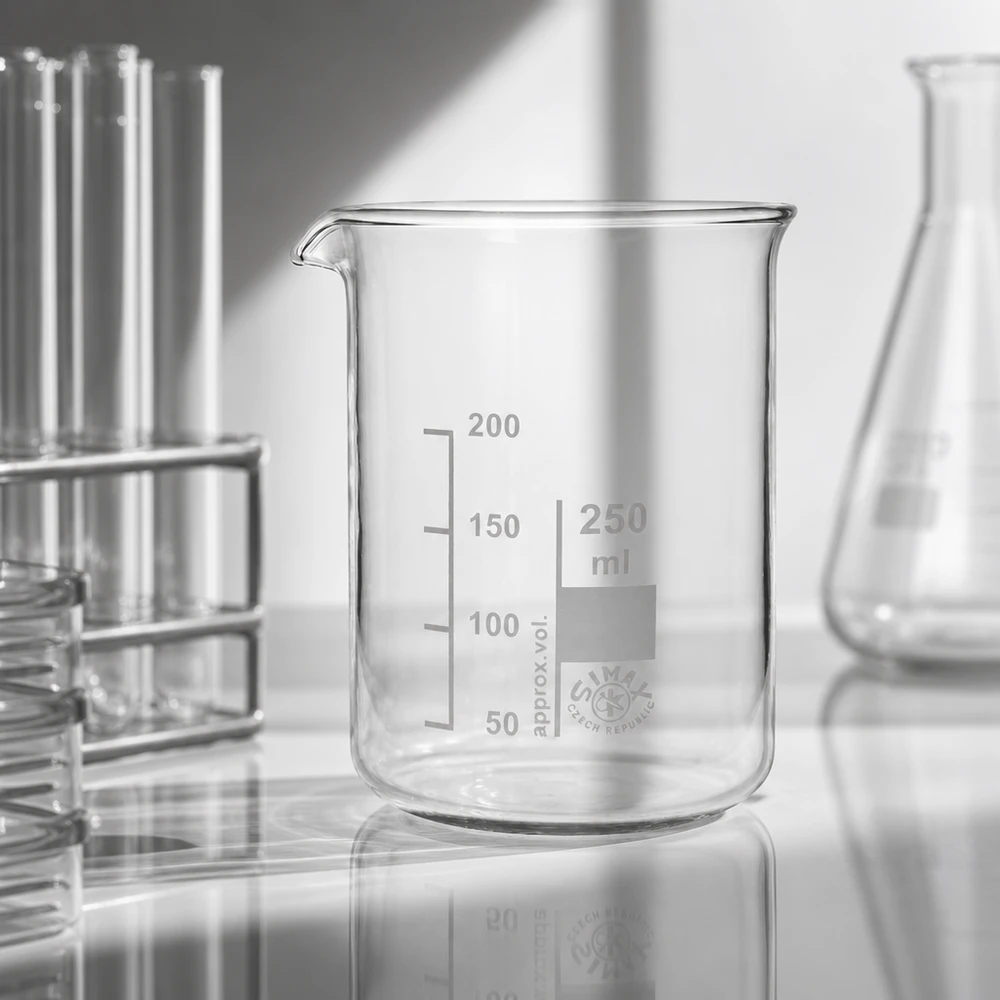 Becherglas 250ml Borosilikatglas, niedrige Form Chemiebeständiges Becherglas 250ml aus Spezialglas resistent gegen Säuren und aggressive Substanzen
