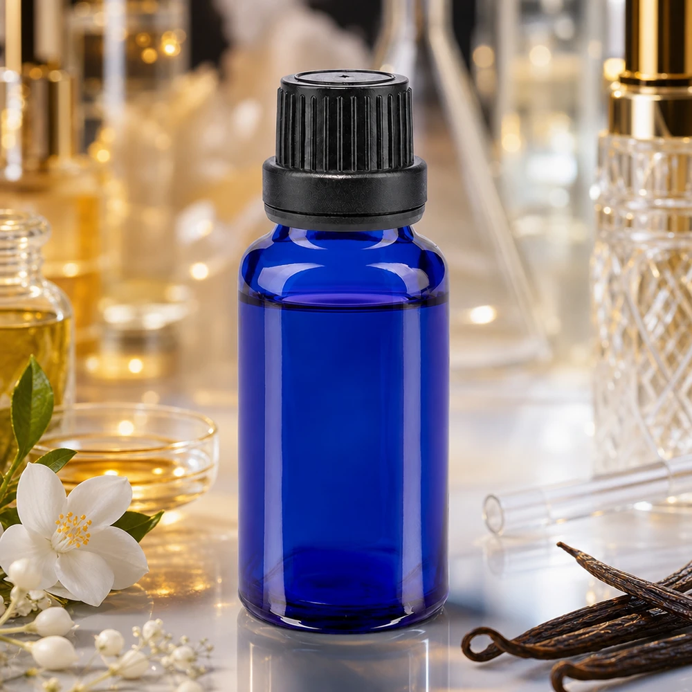 Apothekenflasche blau 20ml Schraubverschluss schwarz Dichteinlage Originalitätsverschluss 20ml Rundflasche Apothekerglas kobaltblau mit schwarzem Sicherheitsverschluss Parfümerie