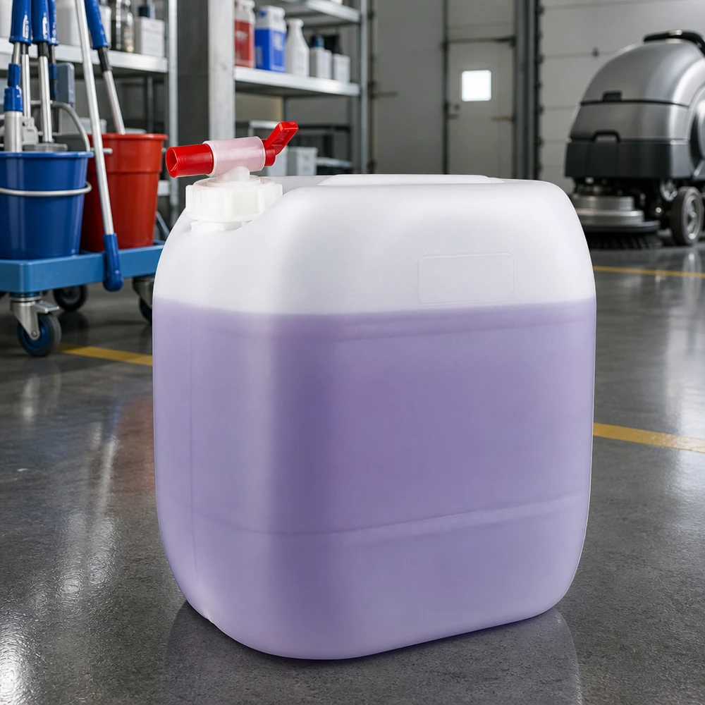 Kanister 30 Liter mit Auslaufhahn Transparenter Kunststoffkanister 30L mit lila Reinigungsmittel und rotem Ablasshahn
