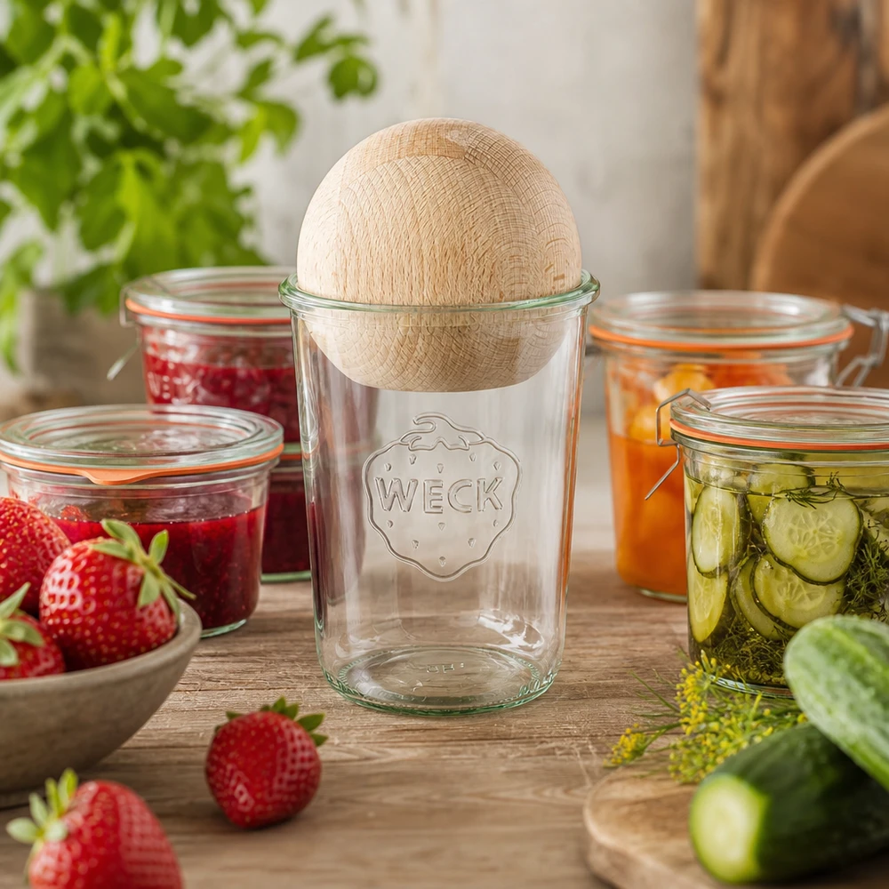 WECK Sturzglas 850ml RR100 in Küchenszene mit Eingemachtem, Holzkugel-Deckel aus Buche, Einmachglas für Marmelade