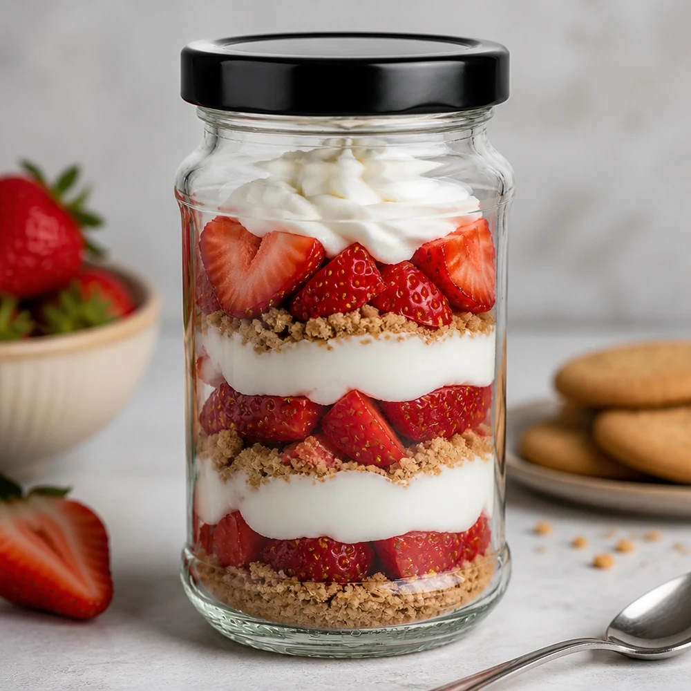 390ml Rundglas mit schwarzem BasicSeal Deckel als Dessertglas für Erdbeertrifle - perfekt für süße Leckereien