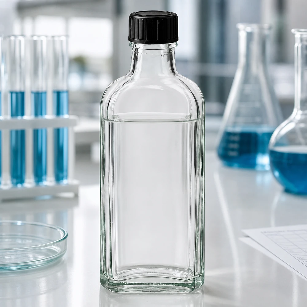 100 ml Meplat klar Schraubverschluss mit LKD-Dichtscheibe Kleine Klarglasflasche 100ml Meplat flach mit LKD-Dichtscheibe für pharmazeutische Anwendungen