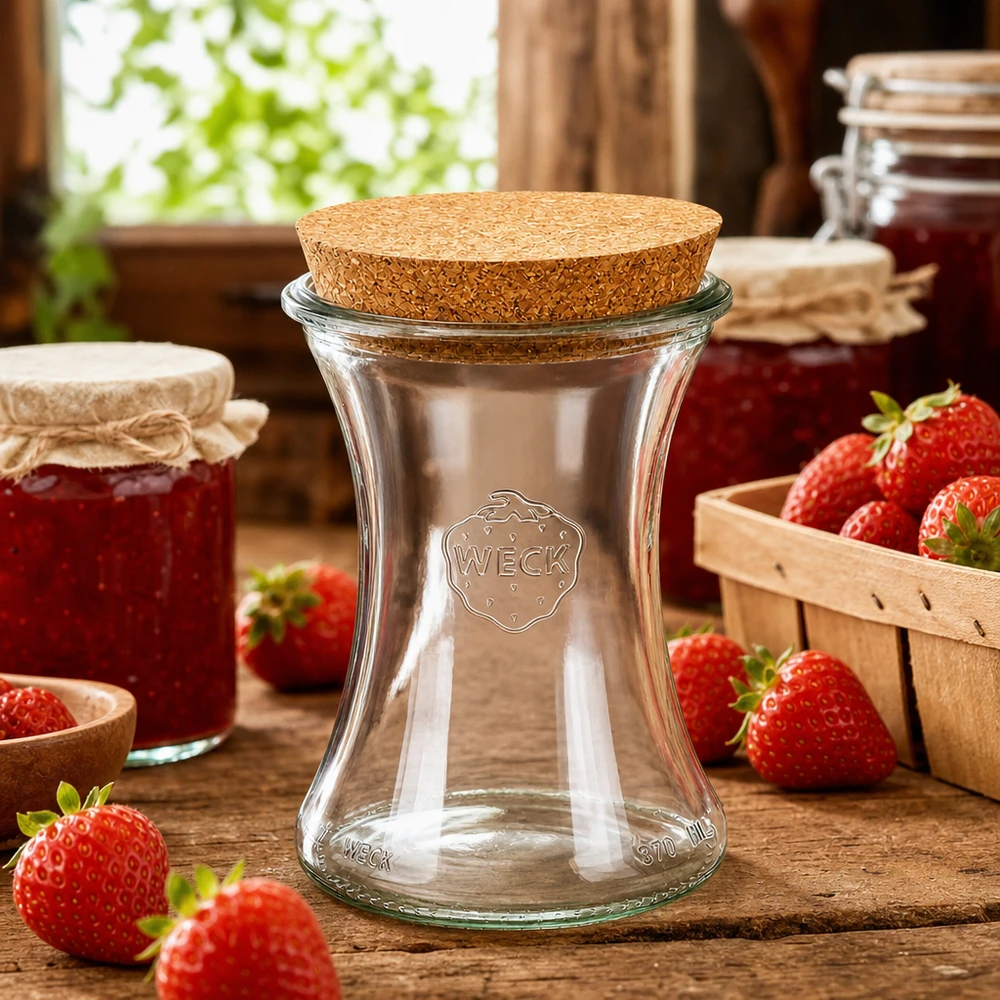 370ml Delikatessenglas WECK RR80 mit Korken natur WECK Vorratsglas 370ml RR80 Lifestyle-Szene mit Erdbeeren und Marmeladengläsern auf Holztisch in Küche