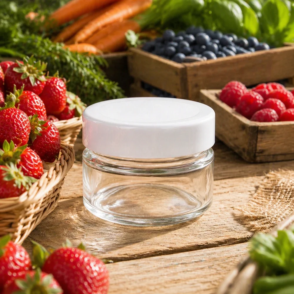 80ml Rundglas mit BasicSeal Deckel weiß deep UNiTWIST 80ml Rundglas mit weißem Deckel zwischen frischen Beeren - stilvolle Glasdose für natürliche Kosmetik und Cremes
