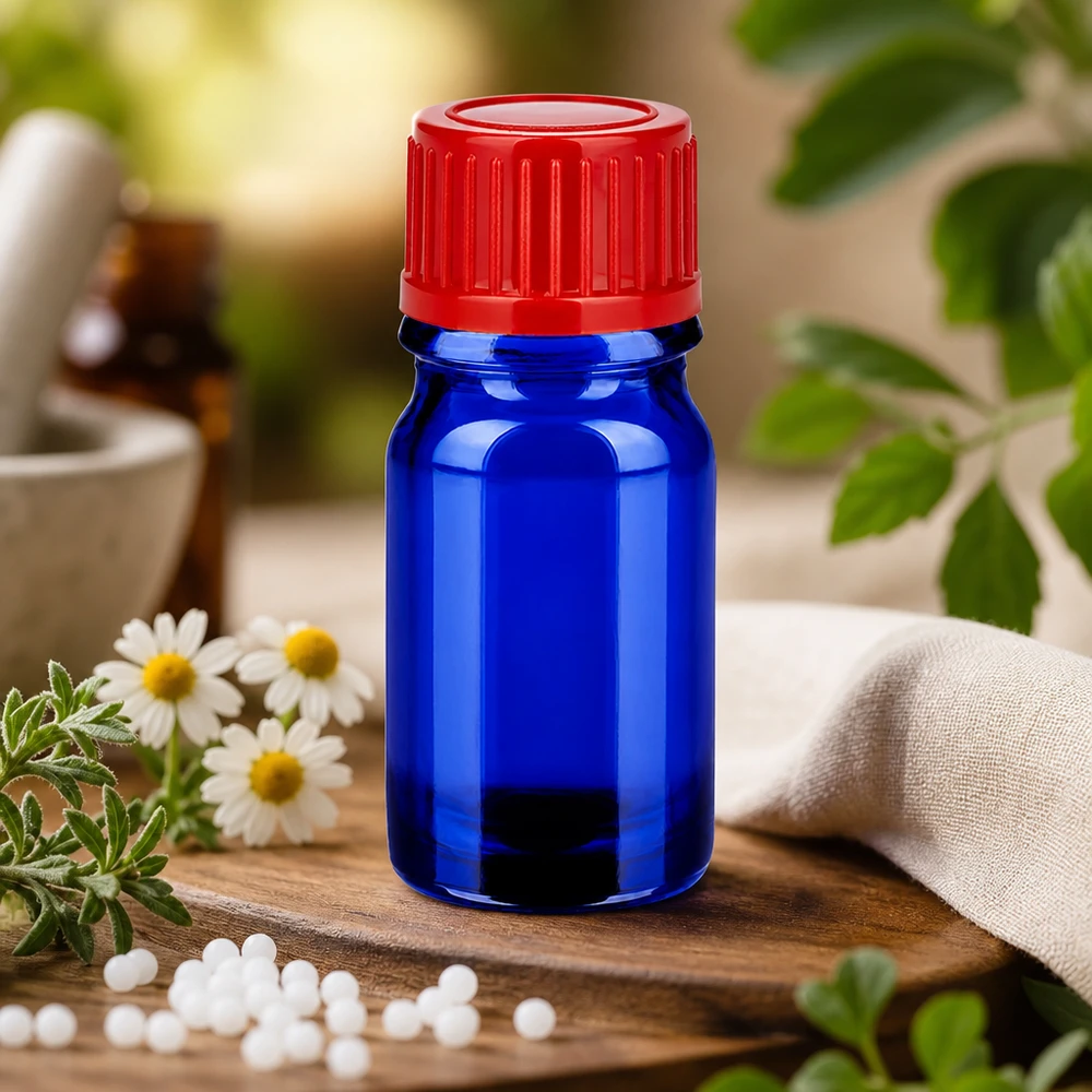 5ml Flasche 11mm Schraubverschluss rot Standard BlueLine UT18/5 Ergonomische 5ml Glasflasche mit griffigem roten 11mm Schraubverschluss für einfache Handhabung
