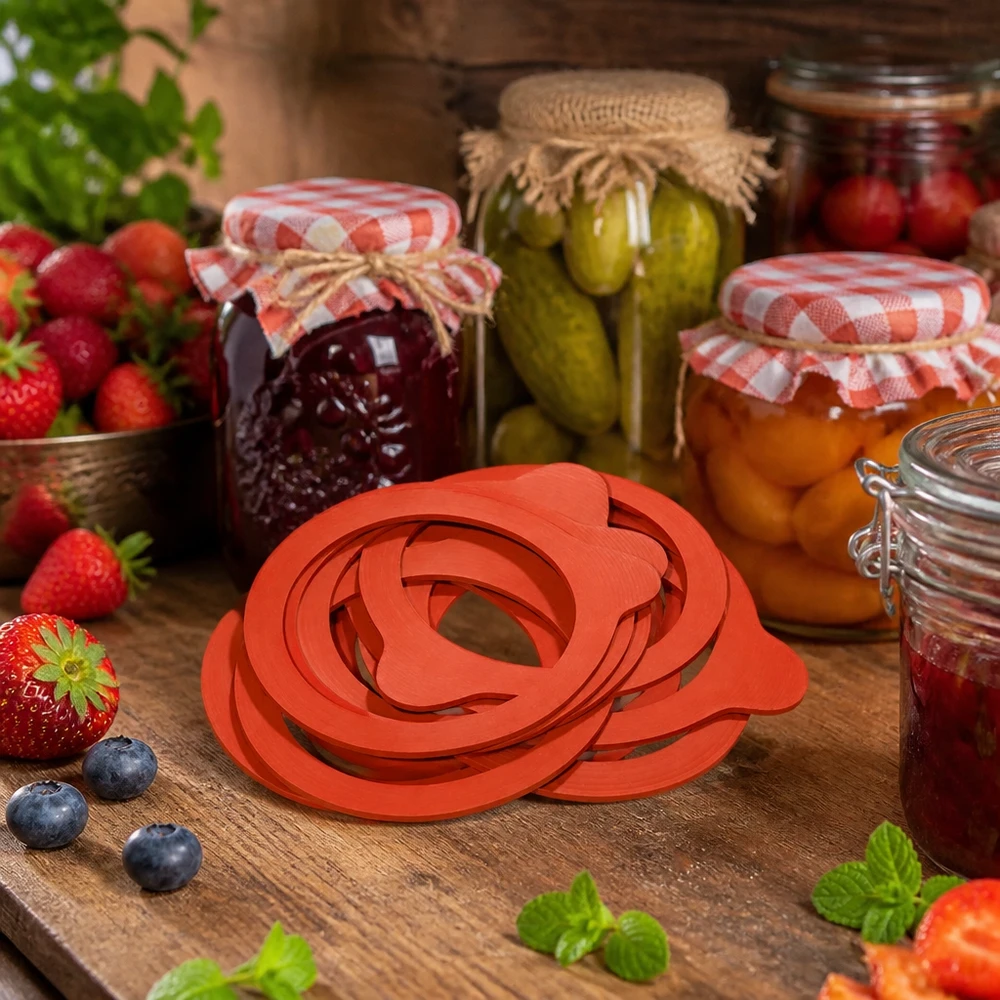 Einkochring RR80 Naturgummi rot gestapelt auf Holzbrett mit Einmachgläsern Beeren Pickles Marmelade Konserven