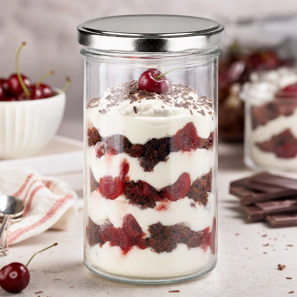 277ml Sturzglas mit BasicSeal Deckel silber UNiTWIST 277ml Sturzglas mit silbernem BasicSeal Deckel gefüllt mit Schichtdessert Kirsch-Schokolade perfekt für Desserts