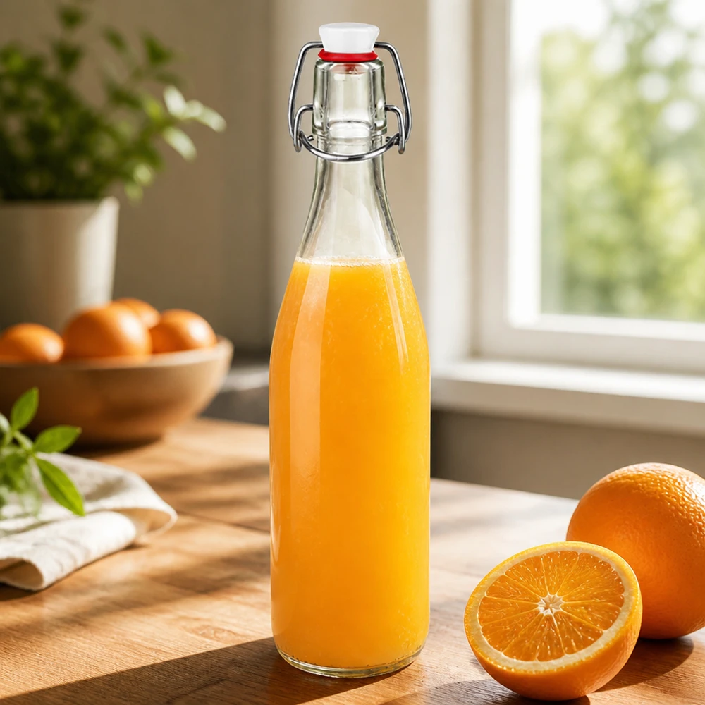 Glasflasche 500ml Bügelverschluss mit Orangensaft gefüllt auf Holzbrett neben frischen Orangen in Küche