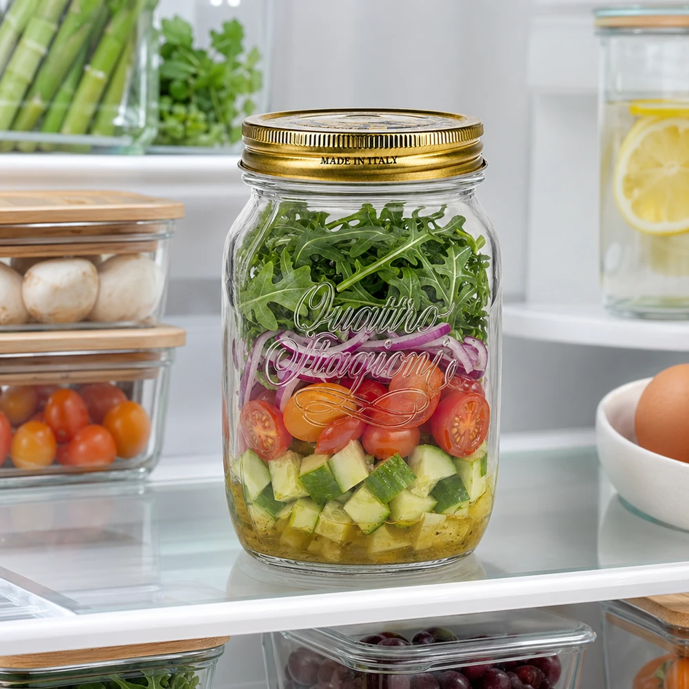 Quattro Stagioni 1000ml Einmachglas mit Schichtsalat Gemüse Arugula im Kühlschrank italienisches Konservenglas