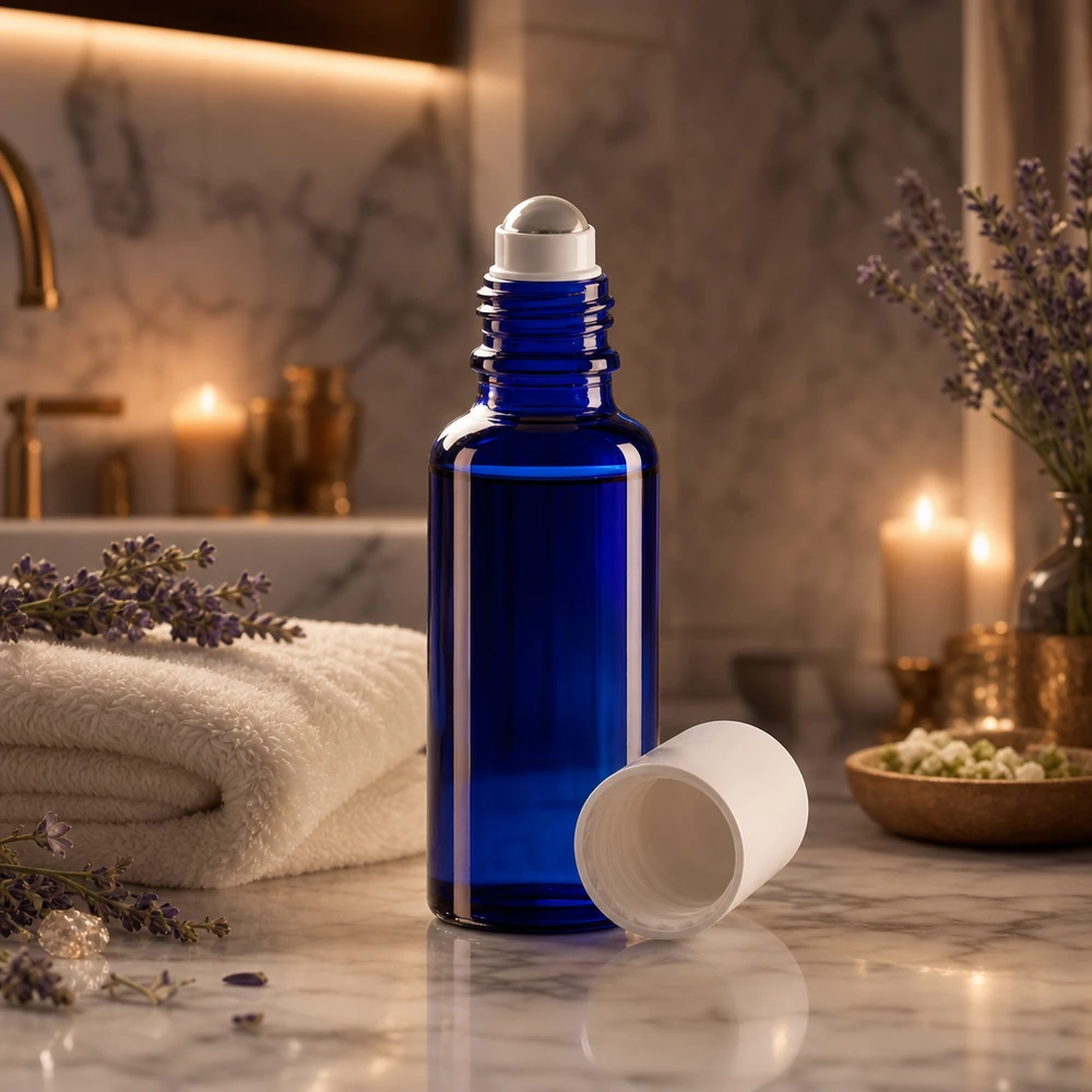 Professionelle 30ml Rollflasche blau aus Apothekerglas für Parfum und Pflegeöle