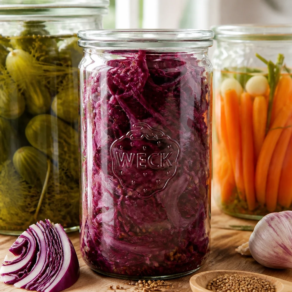 1590ml Zylinderglas mit Glasdeckel WECK RR100 WECK Einmachglas 1590ml RR100 mit fermentiertem Rotkohl neben eingelegten Gurken Karotten auf Holzbrett