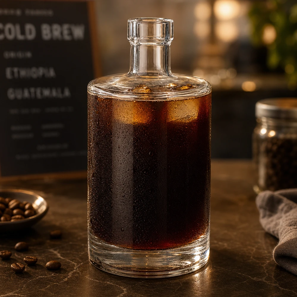 500ml Glasflasche "Galileo" ohne Verschluss UNiTWIST® 500ml Glasflasche Marie gefüllt mit Cold Brew Kaffee zeigt Eignung für Kaltgetränke und Café-Atmosphäre