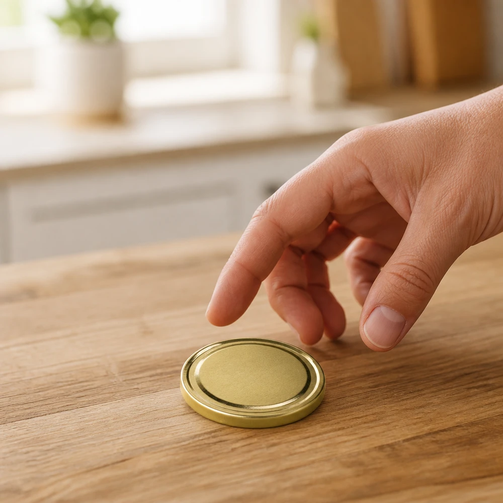 Goldener TO66 Schraubdeckel UNiTWIST unitemp BioSeal BPA-frei wird von Hand aufgenommen