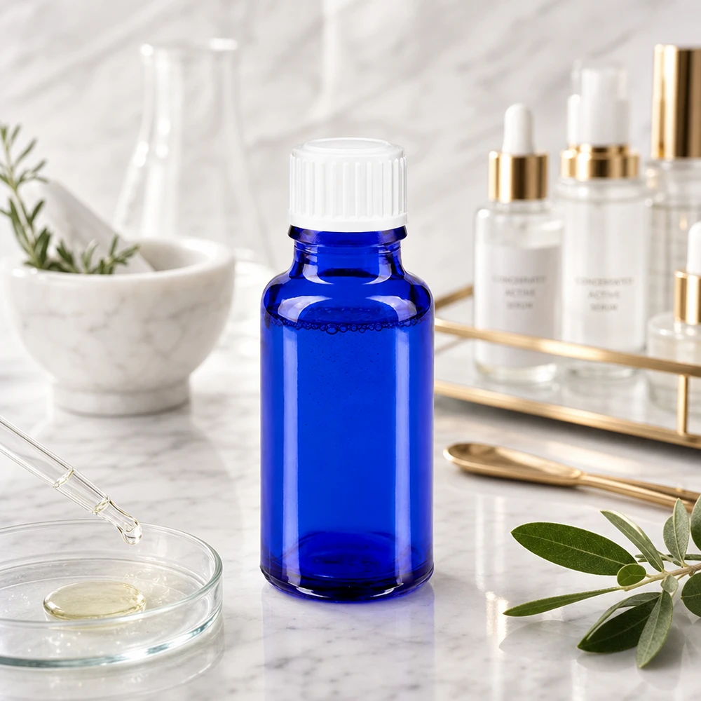 Professionelle 20ml Abfüllflasche aus blauem Glas mit weißem Schraubverschluss im Laborstyle