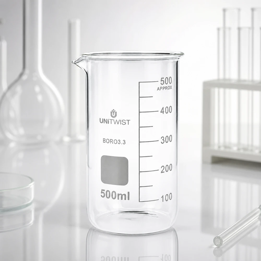 Becherglas 500ml Borosilikat, hohe Form UNiTWIST UNITWIST Becherglas 500ml hohe Form mit verstärktem Rand und Ausguss zwischen Laborgeräten