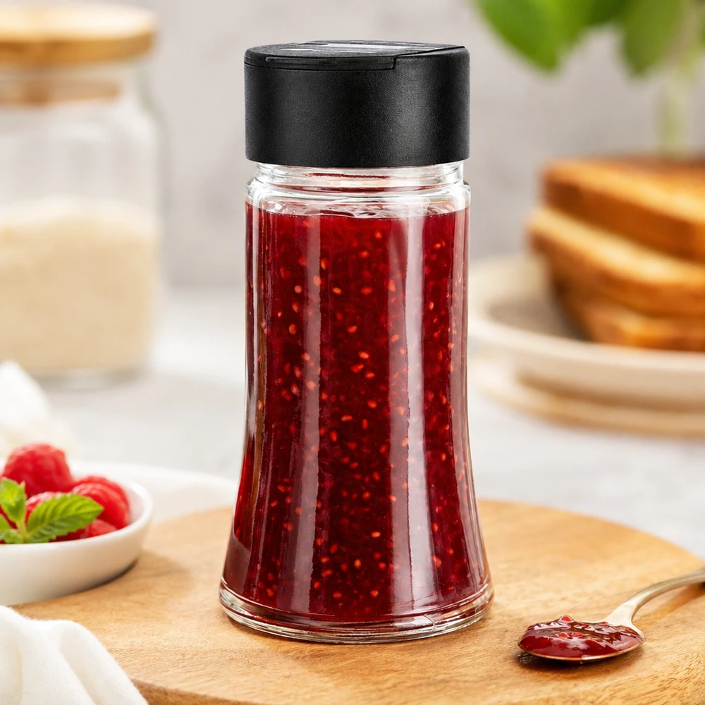 Salz-/Gewürzglas 95ml mit Doppelstreuer schwarz Vielseitiges Glas 95ml für Marmelade und Gewürze mit Doppelstreuer für Küche und Frühstück