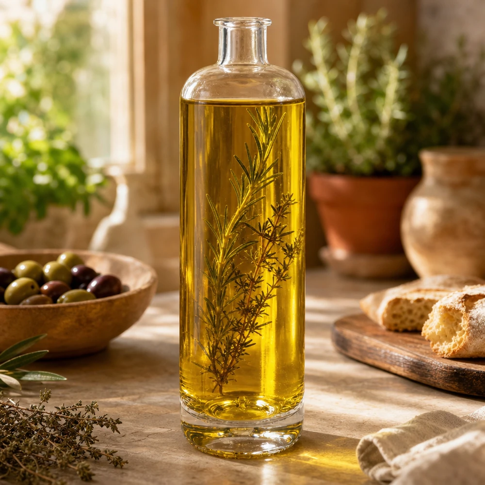 700ml Glasflasche Ella mit Kräuteröl befüllt auf Holztisch zwischen Oliven Brot und mediterraner Küchendeko