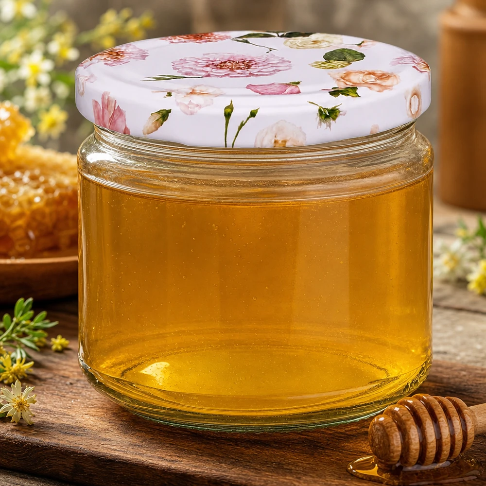 330ml Rundglas mit rosa Blütenmuster gefüllt mit goldenem Honig neben Honiglöffel und Bienenwabe rustikale Küche