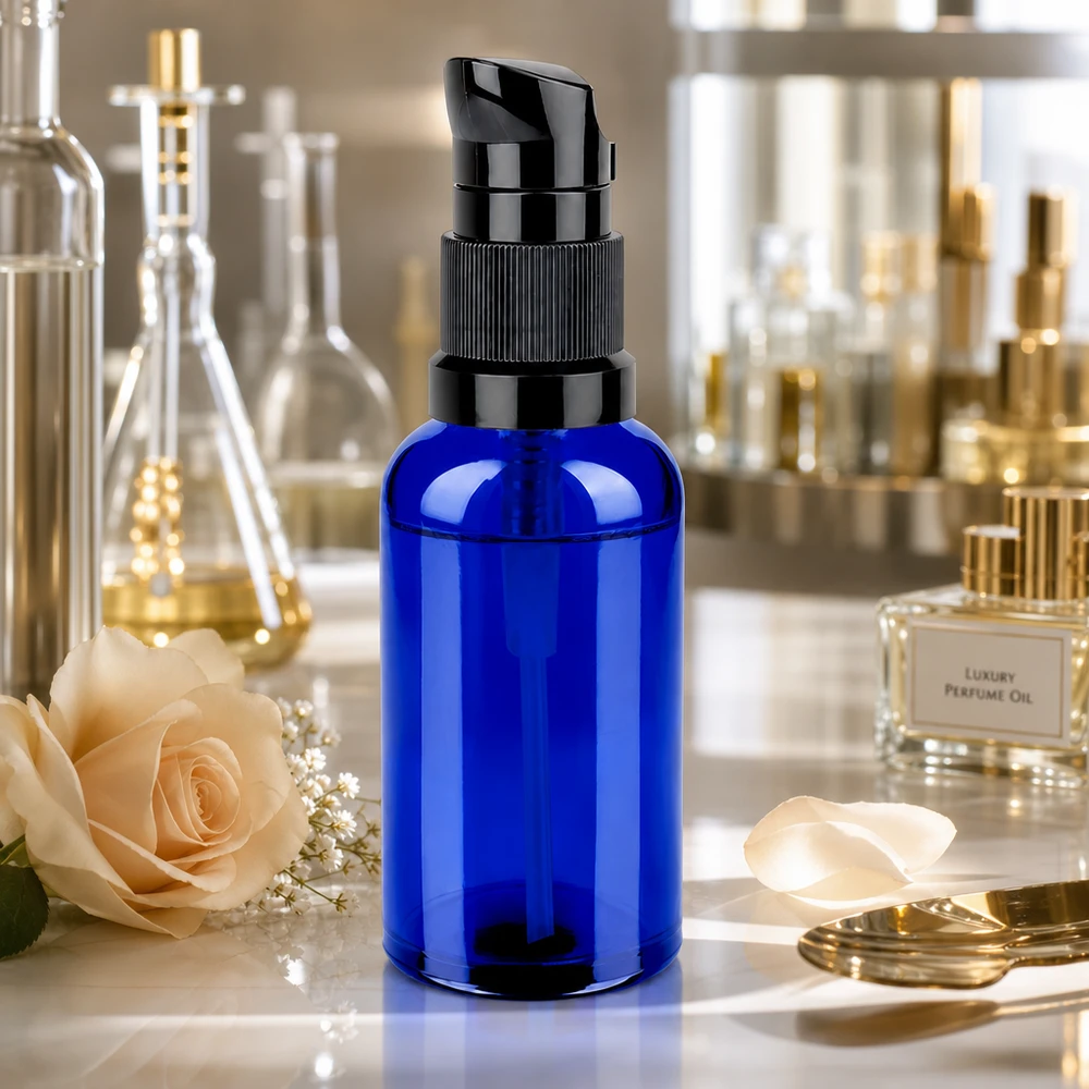 50ml Pumpflasche schwarz Standardverschluss BlueLine UT18/50 Premium 50ml Pumpflasche in mattem Blau mit schwarzer Pumpe STD BlueLine UT18/50