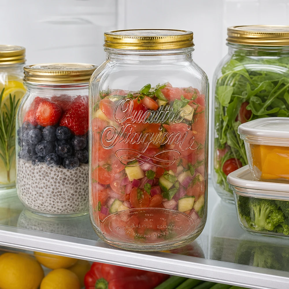 3800ml Rundglas "Quattro Stagioni" mit Deckel Quattro Stagioni 3800ml Einmachglas befüllt mit Salsa und Beeren im Kühlschrank Meal Prep Vorratshaltung