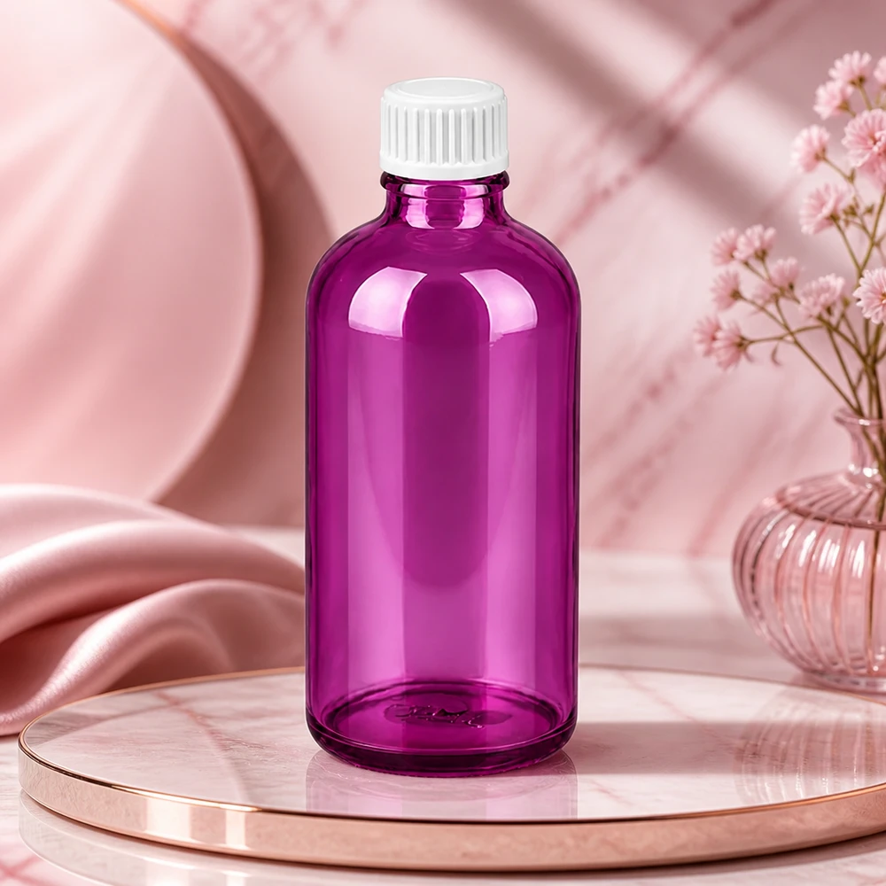 100ml (Globuli)Flasche 3mm Giessring weiß Standard PurpleLine. UT18/100 Premium Purple Glasflasche 100ml mit weißem Verschluss für hochwertige Kosmetikformulierungen