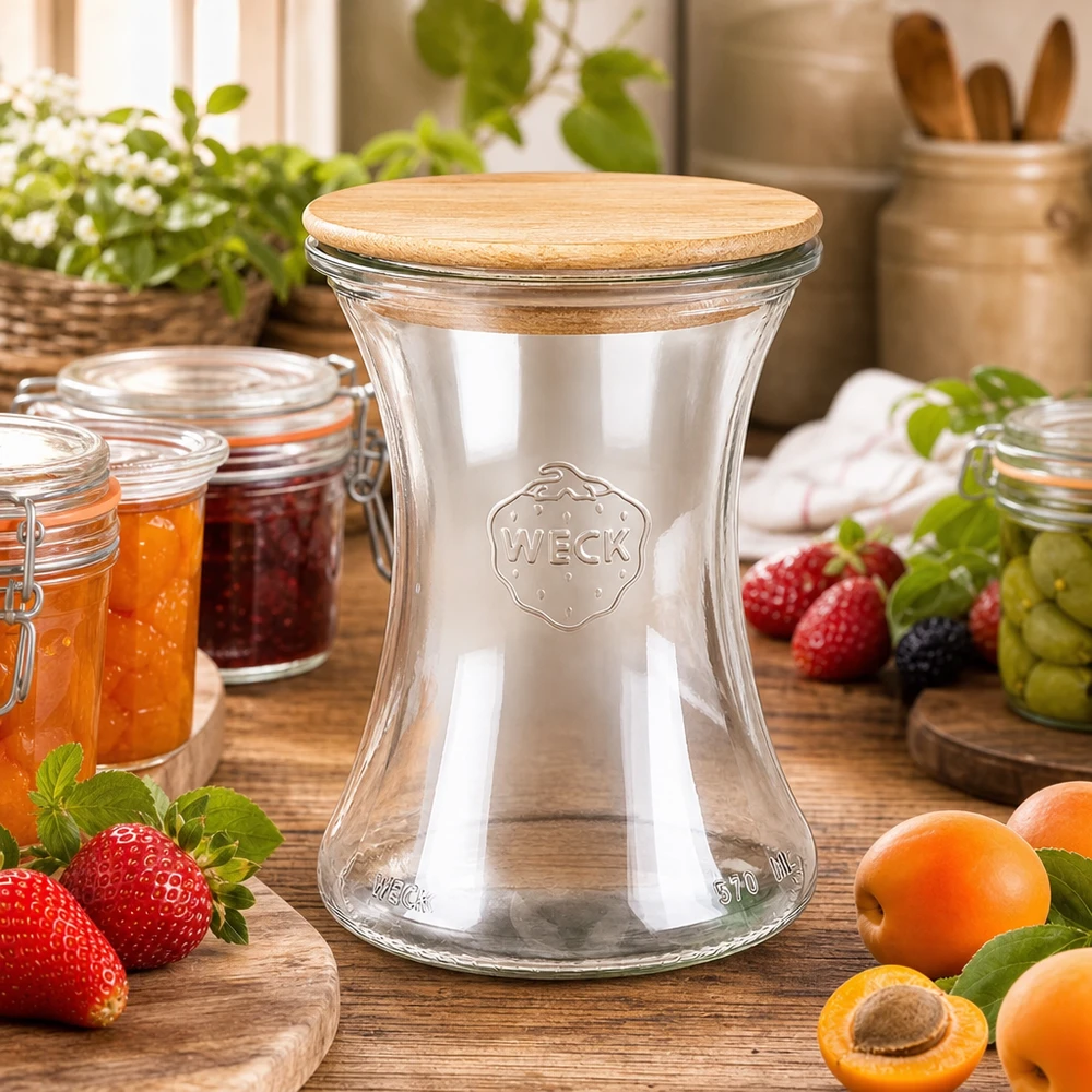 370ml Delikatessenglas WECK RR80 mit Holzdeckel 370ml WECK Delikatessenglas RR80 mit Holzdeckel in rustikaler Küche umgeben von frischen Früchten und Marmeladengläsern