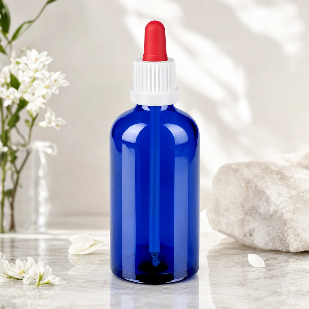 100ml Pipettenflaschwarz weiß/rot Originalitätsverschluss BlueLine UT18/100 Stilvolle 100ml Glasflasche in Kobaltblau mit rotem Pipettenaufsatz für hochwertige Tinkturen