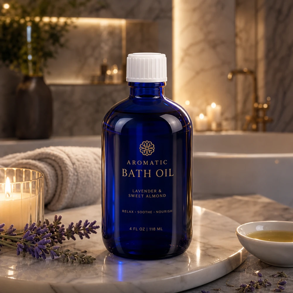 Apothekenflasche blau 100ml Schraubverschluss weiß Globuli Standard Zylindrische blaue Glasflasche 100ml auf Marmor mit Kerzendekor und Naturkräutern