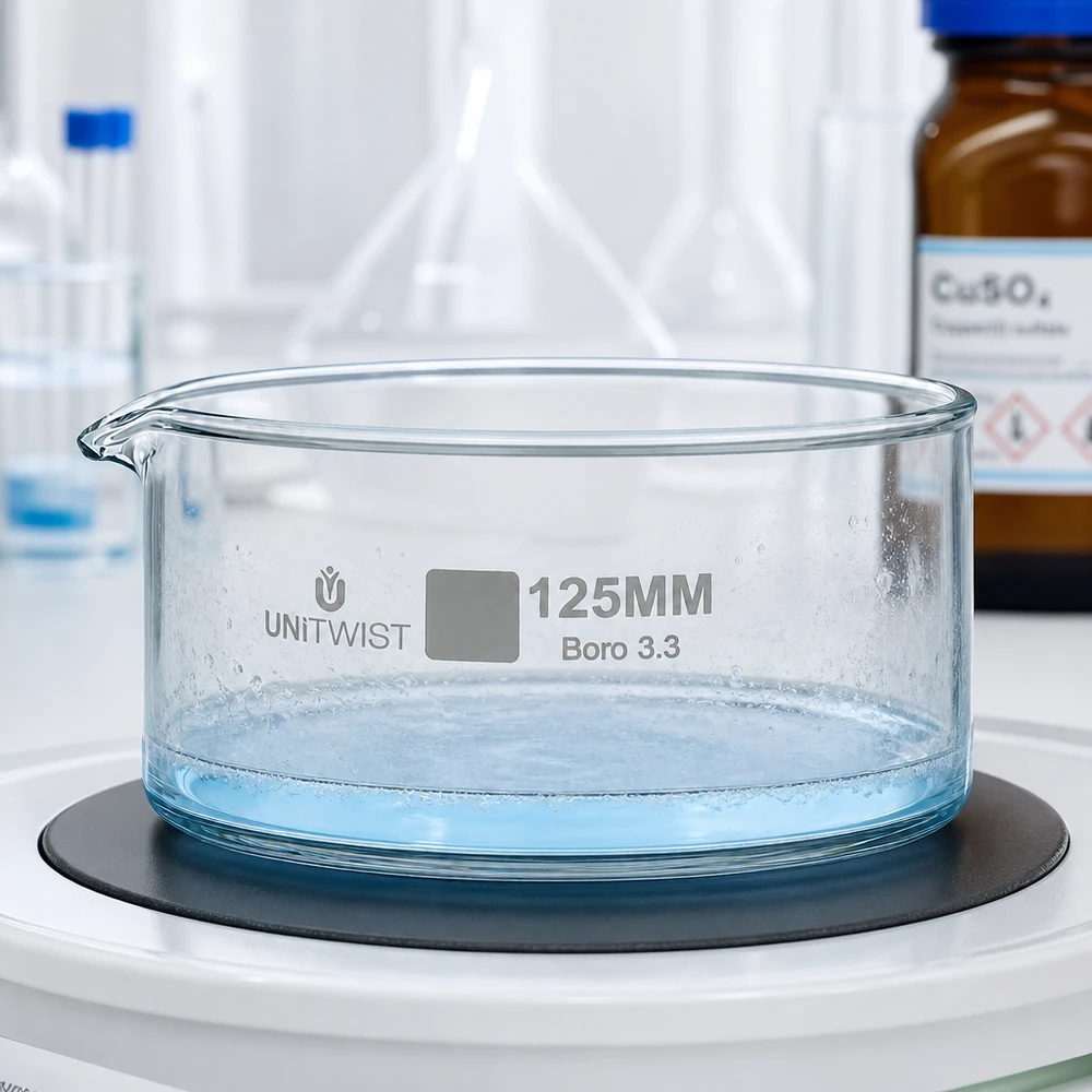 Kristallisierschale Borosilikatglas UNiTWIST 125mm mit Ausguss seitlich und beschrifteter Größenangabe