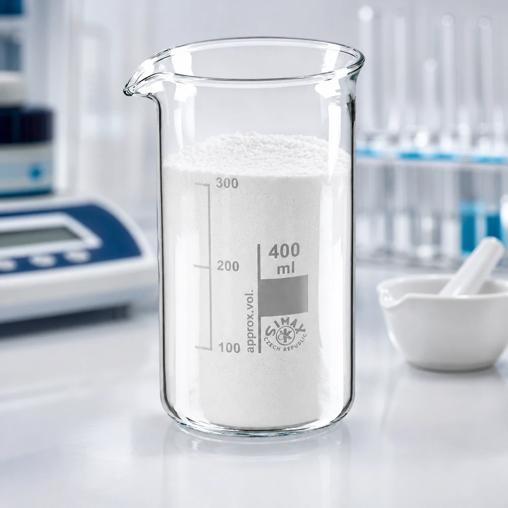 400ml Becherglas hohe Form mit Ausgießer neben Analysenwaage und Reagenzgläsern im Labor