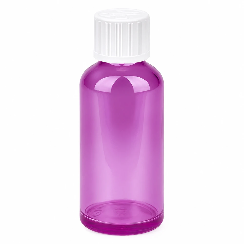 50ml Flasche 11mm Schraubverschluss weiß Standard Kindersicher PurpleLine UT18/50 Lila getönte 50ml Flasche mit kindersicherem Verschluss zum Schutz vor UV-Strahlung