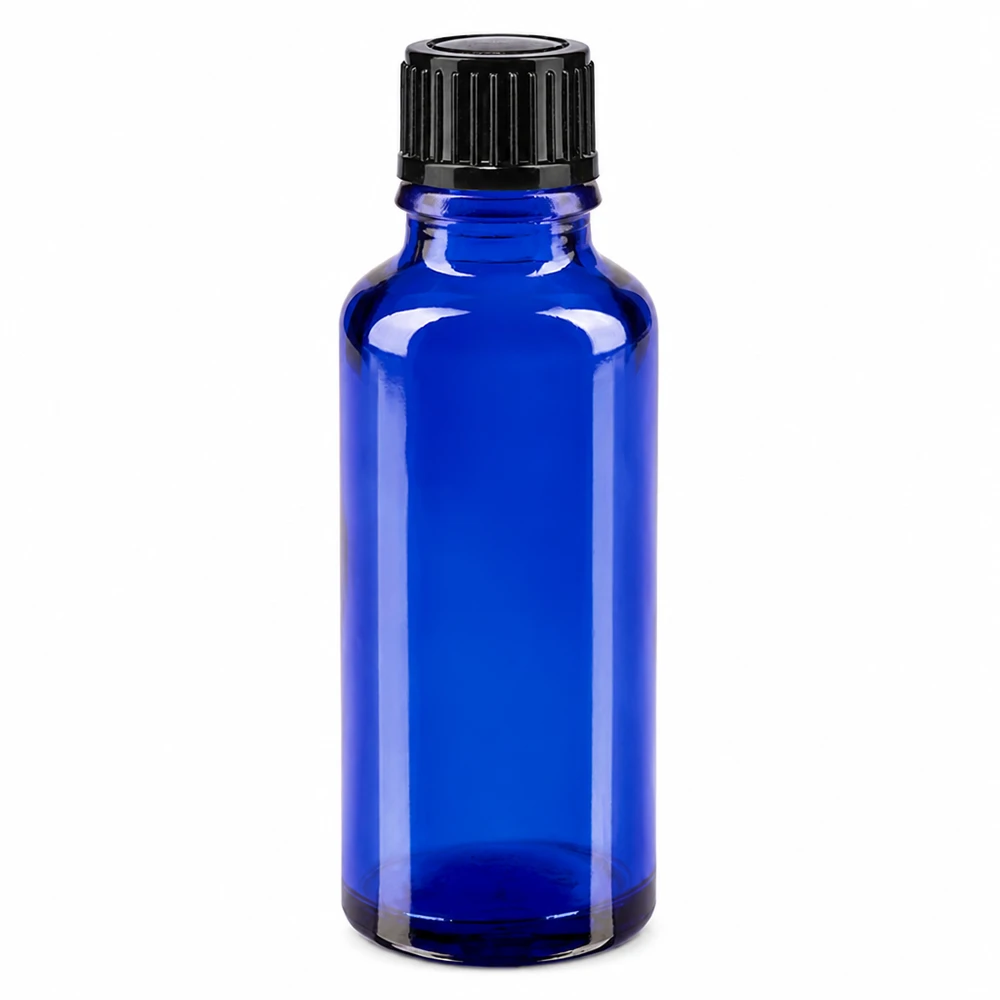 Apothekenflasche blau 30ml Tropfverschluss 1mm schwarz Standard Blaue UV-Schutz Glasflasche 30ml mit schwarzem STD Tropfverschluss für Pharmaprodukte