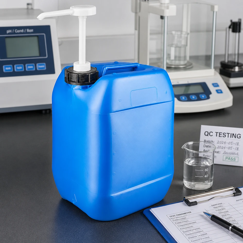 Kanister 10 Liter blau mit Dosierpumpe Blauer 10 Liter Kanister mit Dosierpumpe und schwarzem Schraubdeckel auf Labortisch