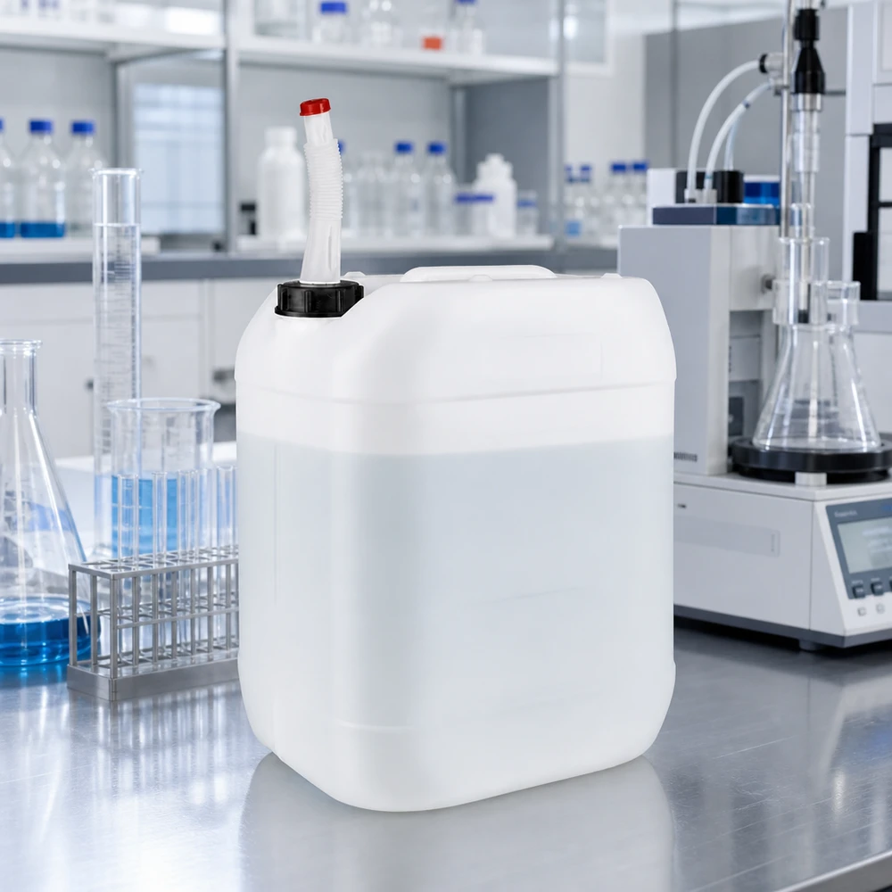 Robuster Flüssigkeitsbehälter 20L mit Flex-Auslaufrohr und roter Kappe im Laboreinsatz