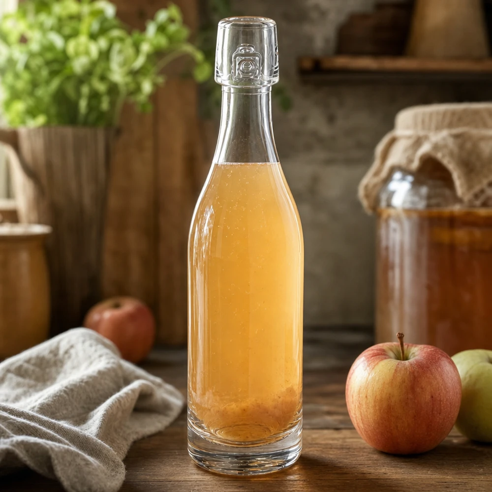 50ml Glasflasche ohne Bügelverschluss UNiTWIST® 50ml Glasflasche UNiTWIST mit Apfelsaft gefüllt neben frischen Äpfeln rustikale Küchenszene Holzuntergrund