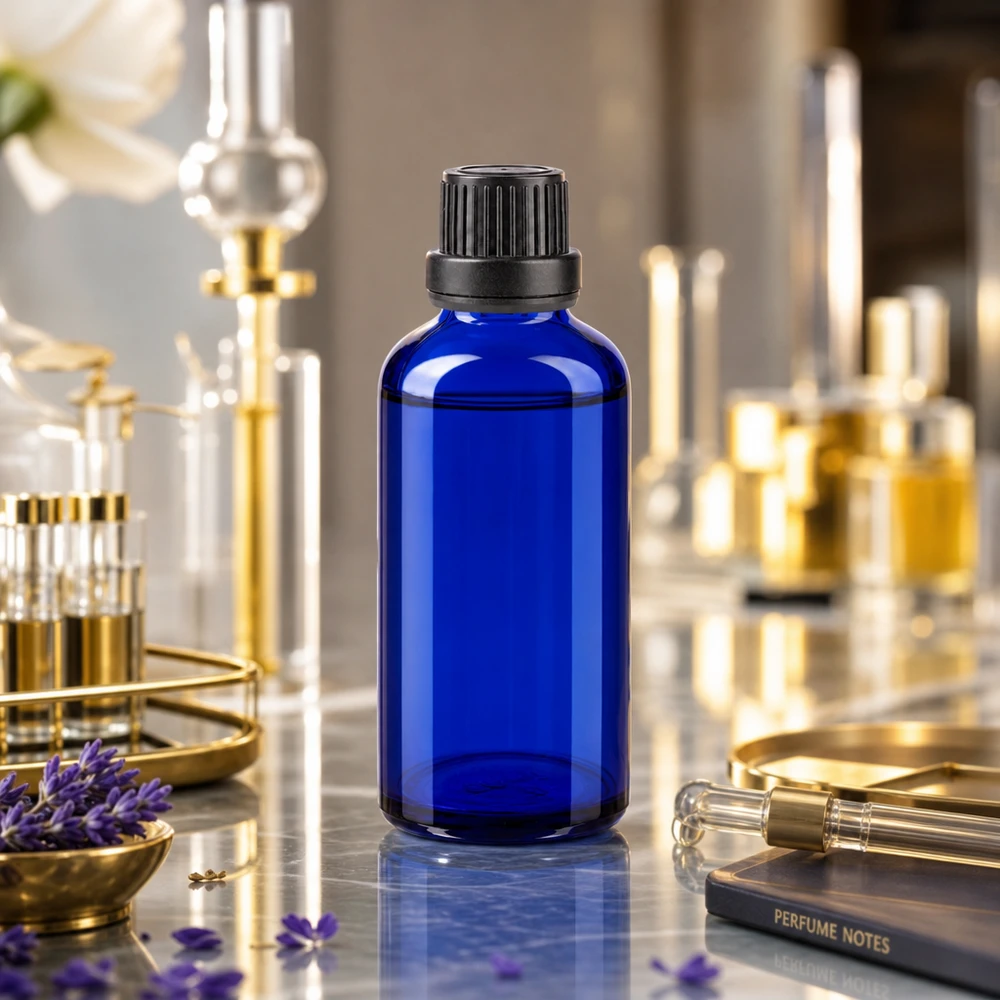 Blaue 50ml Dosierflasche mit schwarzem OV-Tropfeinsatz auf Marmor neben Parfümnotizen und Pipette