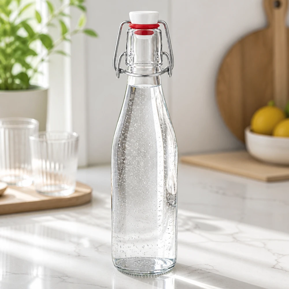 250ml Glasflasche mit Bügelverschluss gefüllt mit Mineralwasser, moderne Küchenarbeitsplatte aus Marmor mit Gläsern