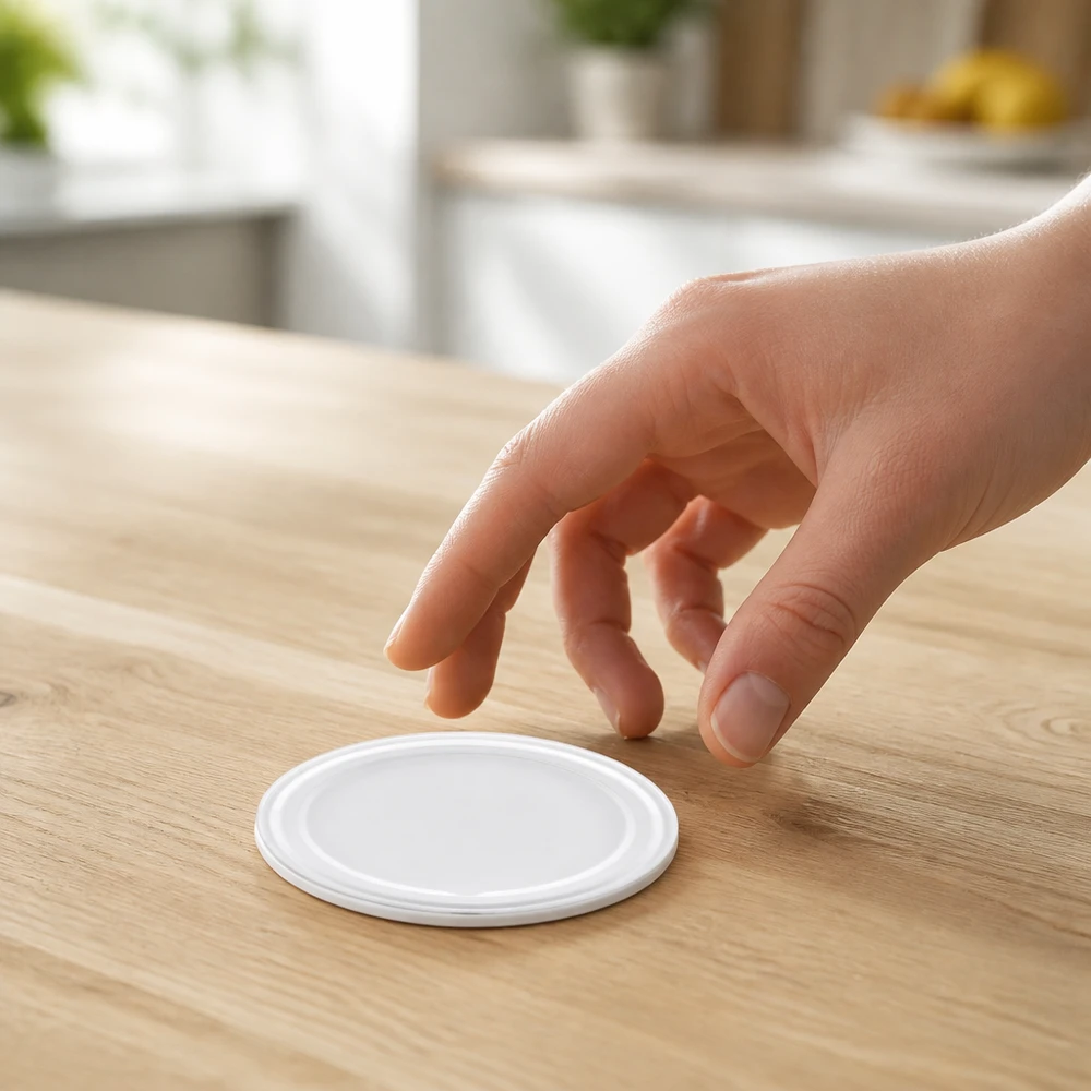 UNiTWIST TO63 BioSeal Deckel weiss 63mm Durchmesser auf hellem Holz Küchenhintergrund