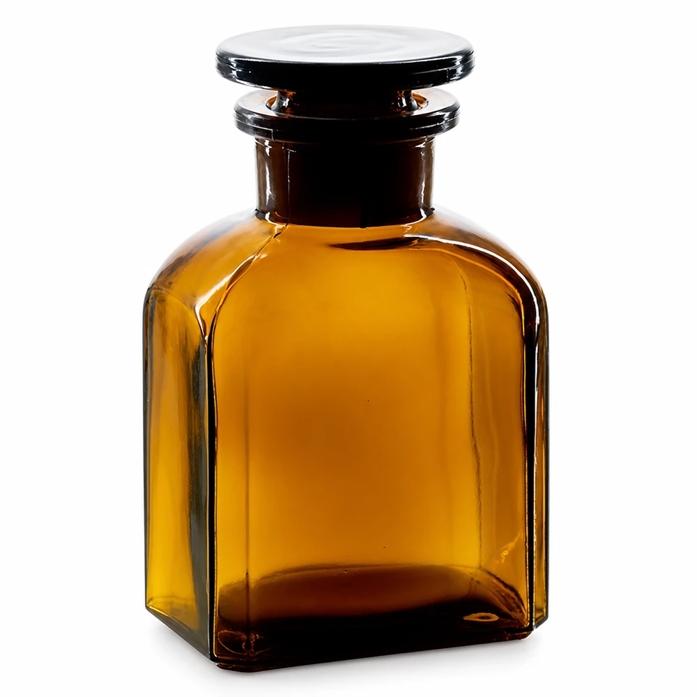 Lichtschutzflasche 150ml Vierkant aus braunem Glas mit breitem Hals und flachem Glasverschluss