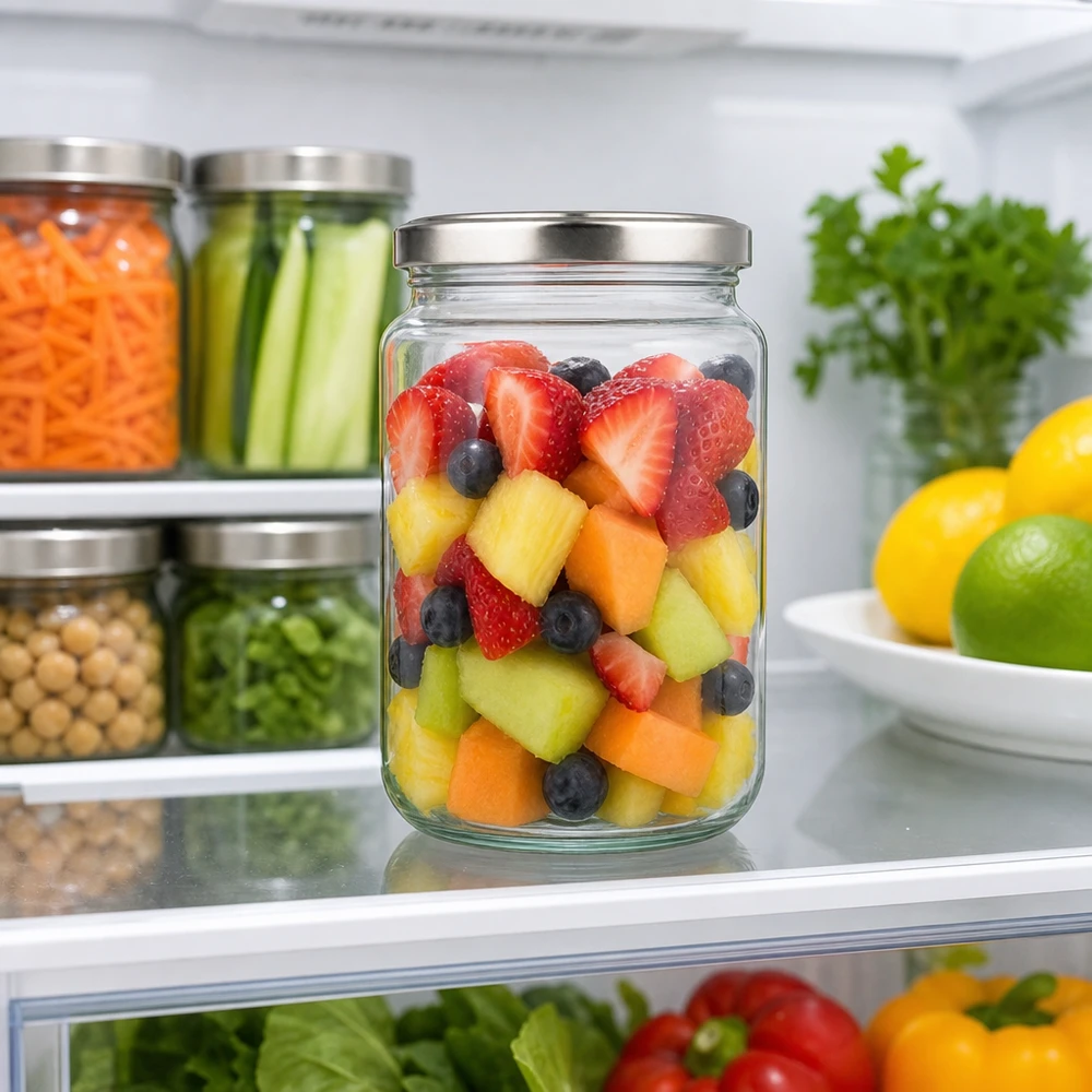 382ml Rundglas mit BasicSeal Deckel silber UNiTWIST 382ml Rundglas mit silbernem Deckel gefüllt mit Obstsalat im Kühlschrank Food Prep Meal Prep Vorratsglas