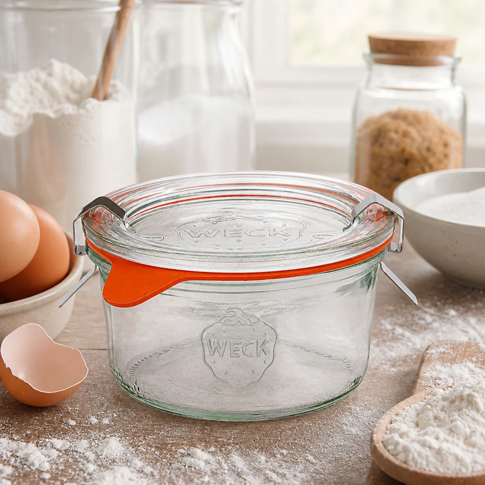 165ml Sturzglas komplett WECK RR80 WECK Sturzglas 165ml RR80 in Küche mit Backzutaten, Eiern, Mehl und Milch für hausgemachte Rezepte