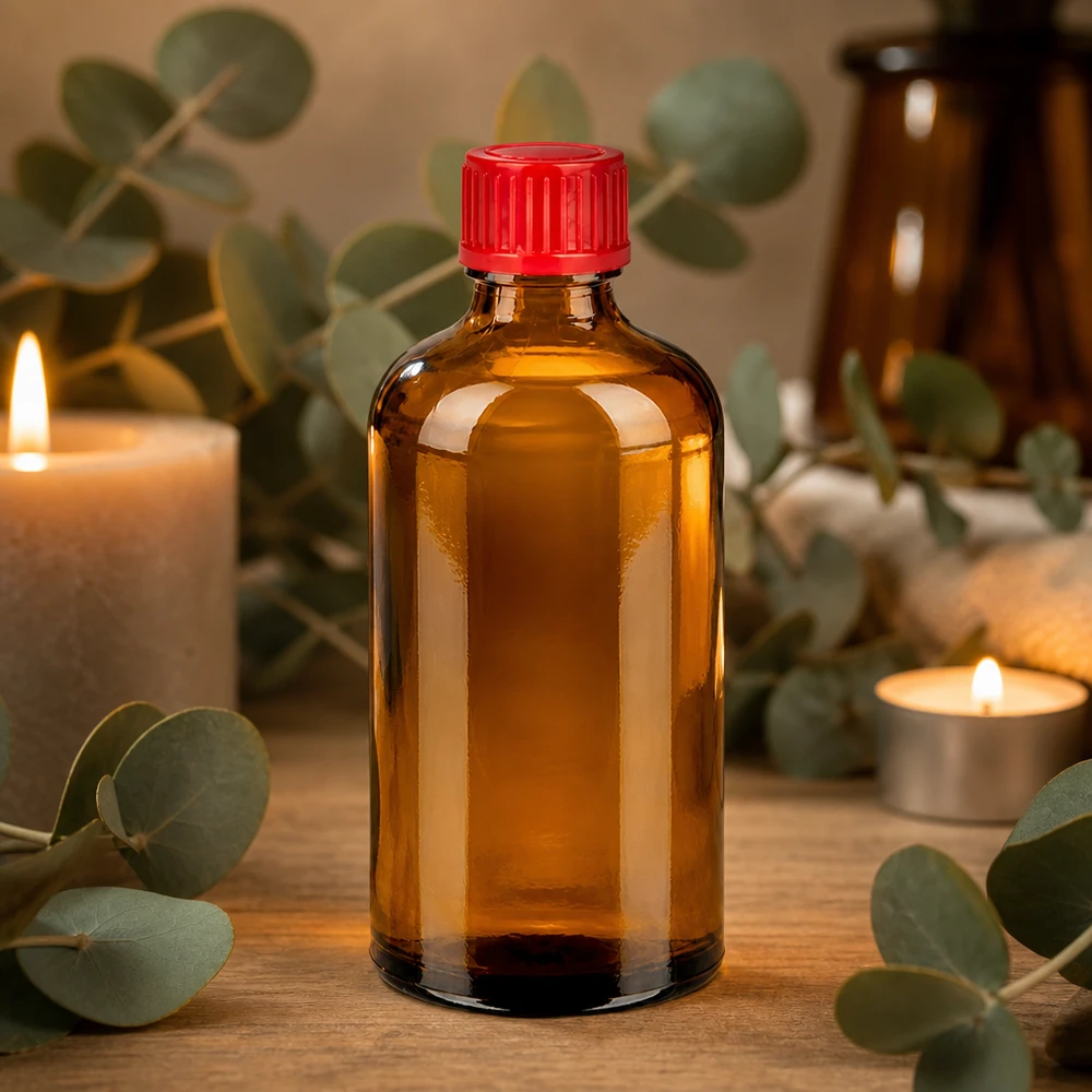 Professionelle 100ml Flasche aus UV-schützendem Braunglas mit dichtem roten Schraubverschluss