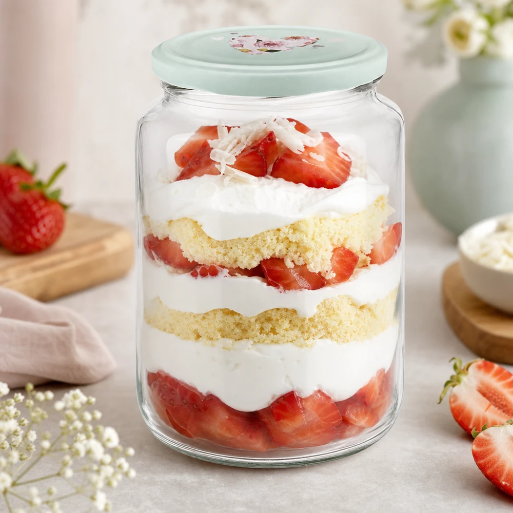 795ml Rundglas + BasicSeal Deckel Herz mint UNiTWIST 795ml Rundglas mint Herzdeckel mit Erdbeertrifle Dessert im Glas geschichtet Kuchen Sahne Beeren Nachtisch