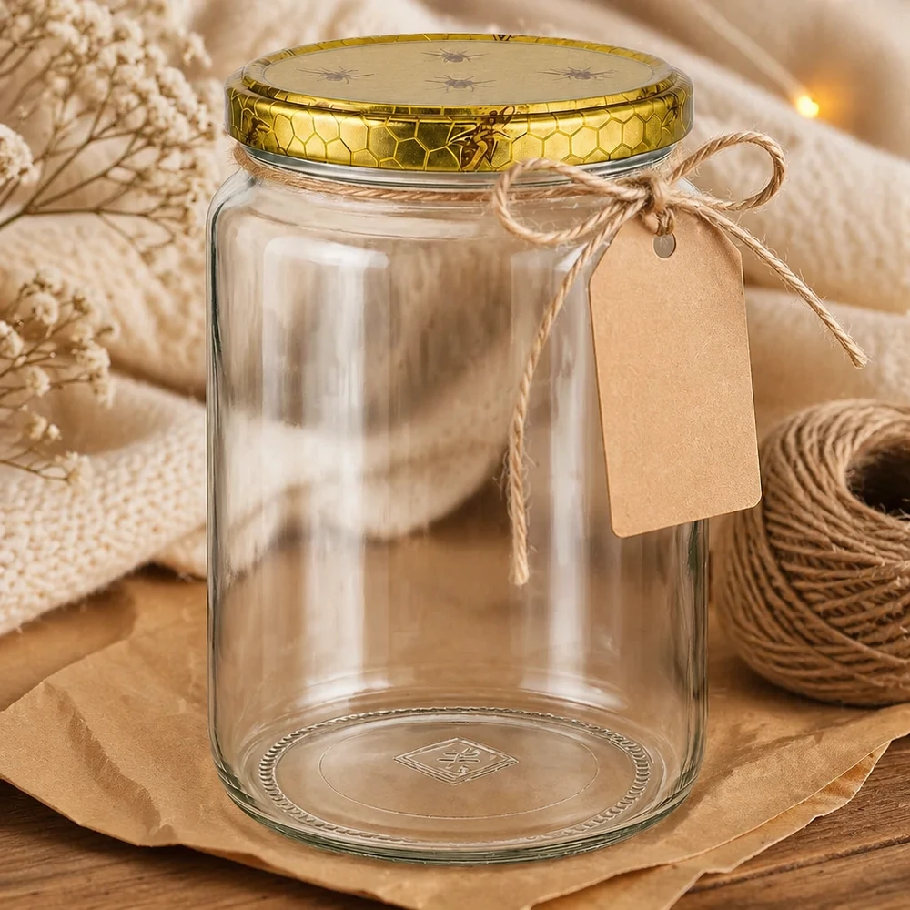 Dekorativ präsentiertes 1000g Honigglas mit Bienenwaben-Deckel Bastschnur und Etikett auf Holztisch Geschenkidee